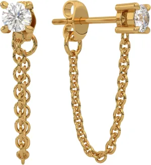 ELISE & DREW - 18k Gold Plated Stud with Chain, Cubic Zirconia, Stainless Steel, Gold Earrings for Women, Waterproof, Tarnish Free Earrings