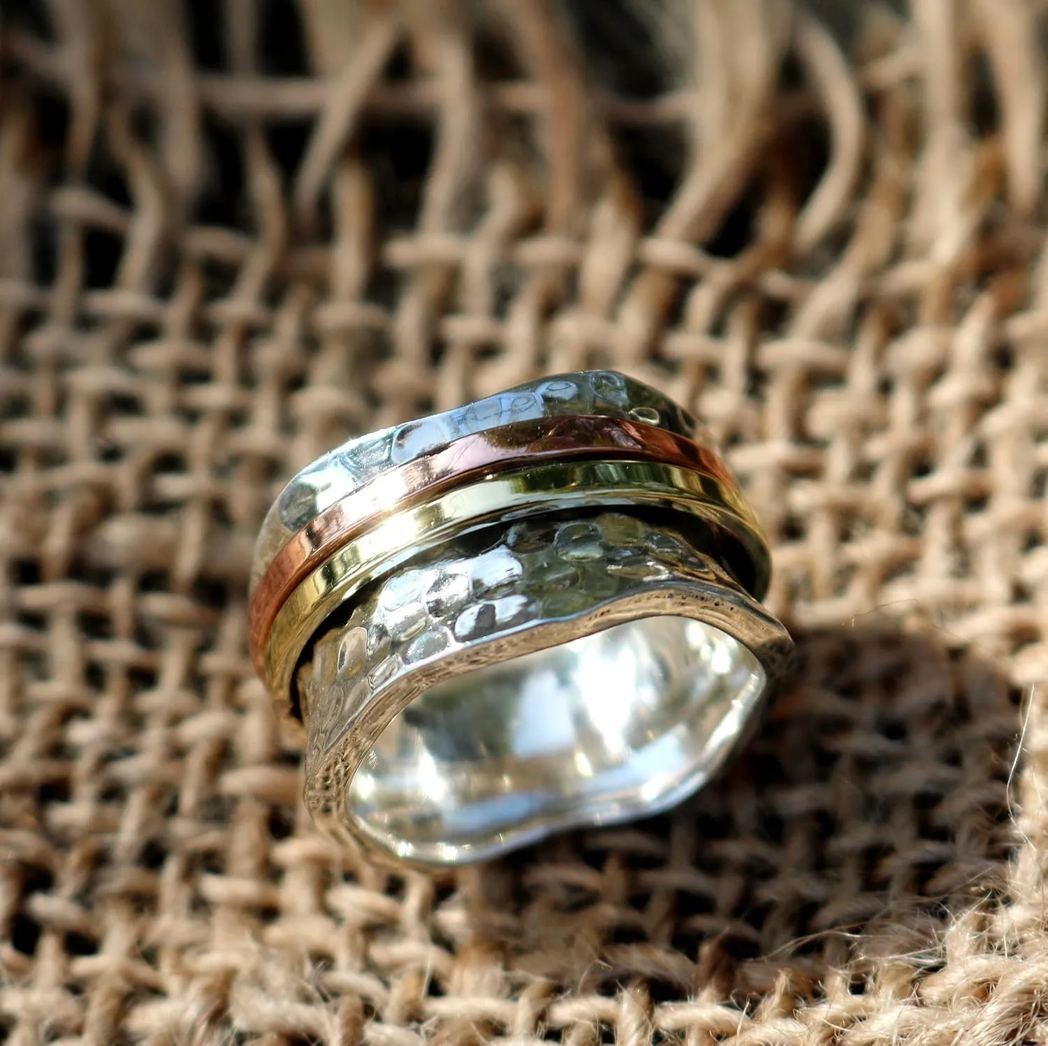 ENERGY STONE 925 Sterling Silver Fidget Ring | Women Spinner Ring | Breeze | Clean Simple Silver Ring | Fidget Anxiety Comfort Meditation Ring | Brass & Copper Spinners on Hammered Base | Size 5-12
