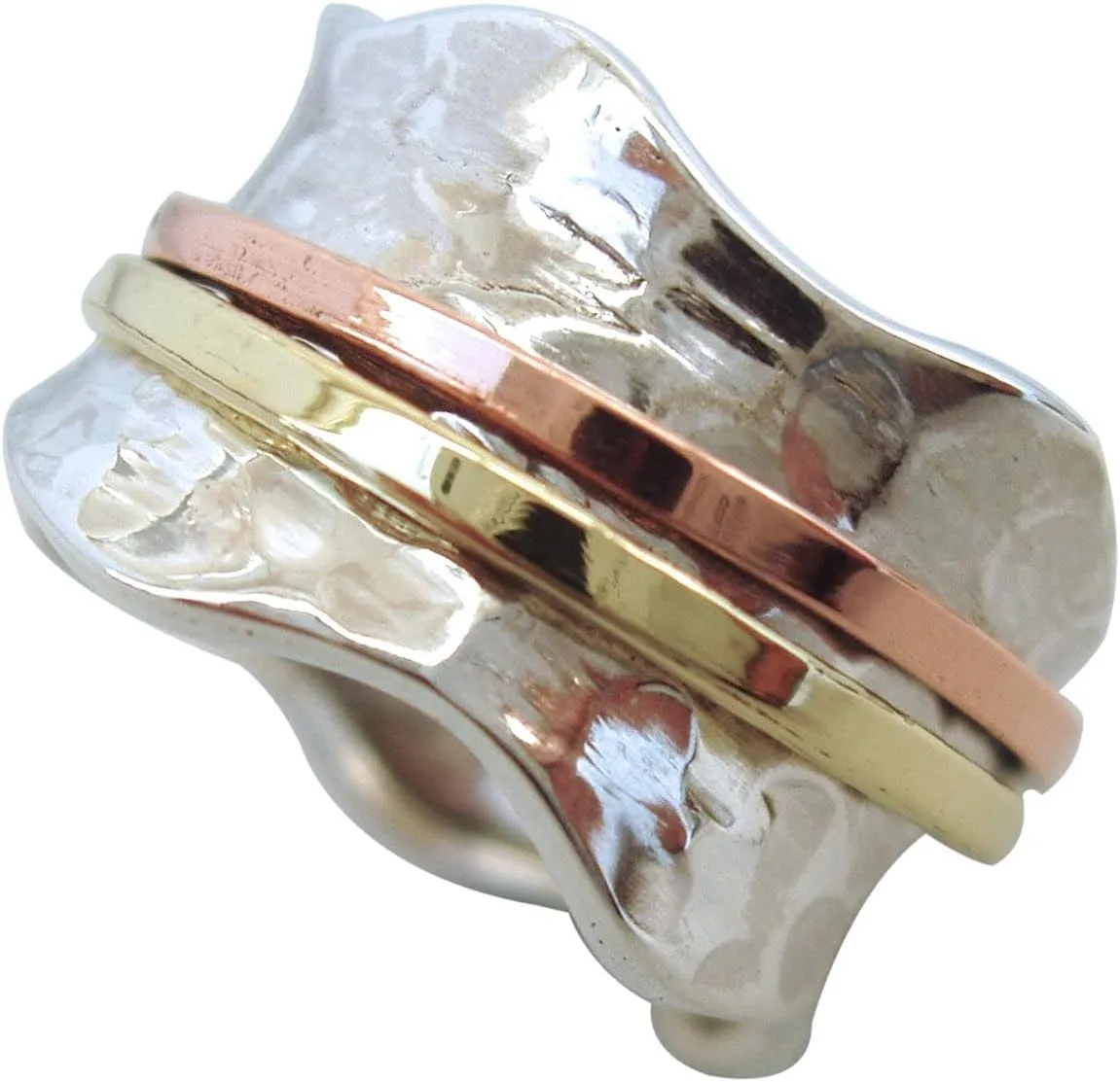 ENERGY STONE 925 Sterling Silver Fidget Ring | Women Spinner Ring | Breeze | Clean Simple Silver Ring | Fidget Anxiety Comfort Meditation Ring | Brass & Copper Spinners on Hammered Base | Size 5-12