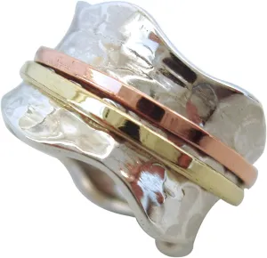ENERGY STONE 925 Sterling Silver Fidget Ring | Women Spinner Ring | Breeze | Clean Simple Silver Ring | Fidget Anxiety Comfort Meditation Ring | Brass & Copper Spinners on Hammered Base | Size 5-12