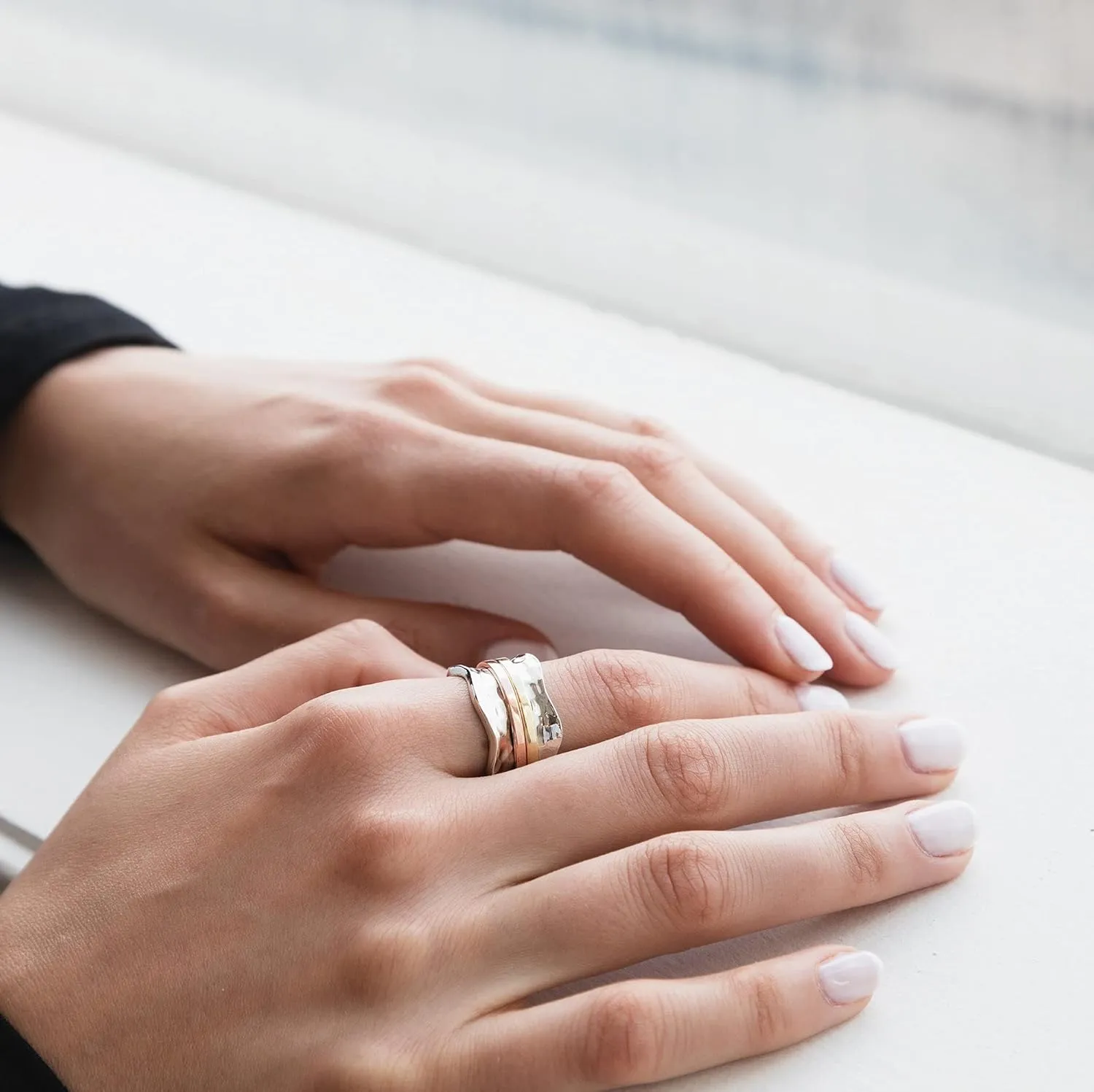 ENERGY STONE 925 Sterling Silver Fidget Ring | Women Spinner Ring | Breeze | Clean Simple Silver Ring | Fidget Anxiety Comfort Meditation Ring | Brass & Copper Spinners on Hammered Base | Size 5-12