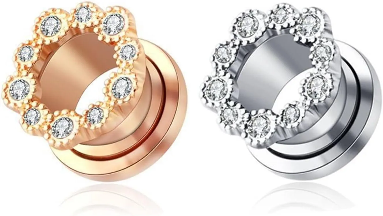 Epinki Ear Tunnels, 1 Pair Stainless Steel Women Ear Gauges with White Round Cubic Zirconia Piercing Jewelry