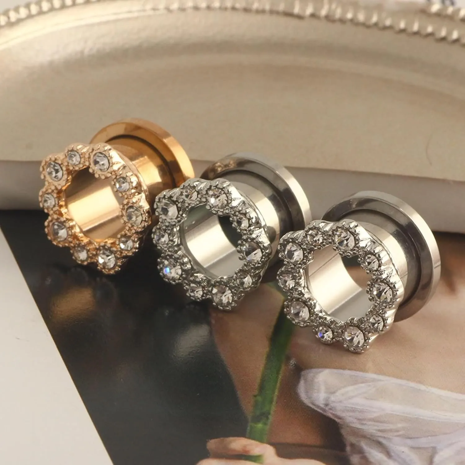 Epinki Ear Tunnels, 1 Pair Stainless Steel Women Ear Gauges with White Round Cubic Zirconia Piercing Jewelry