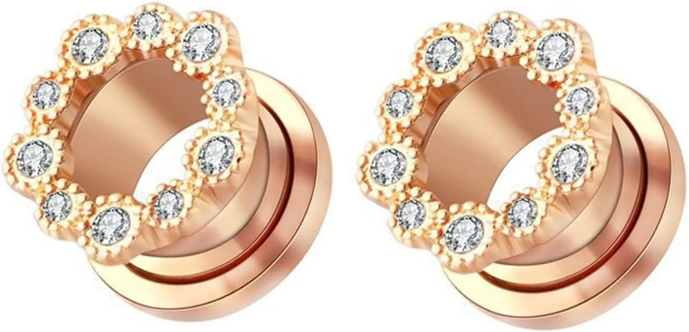 Epinki Ear Tunnels, 1 Pair Stainless Steel Women Ear Gauges with White Round Cubic Zirconia Piercing Jewelry