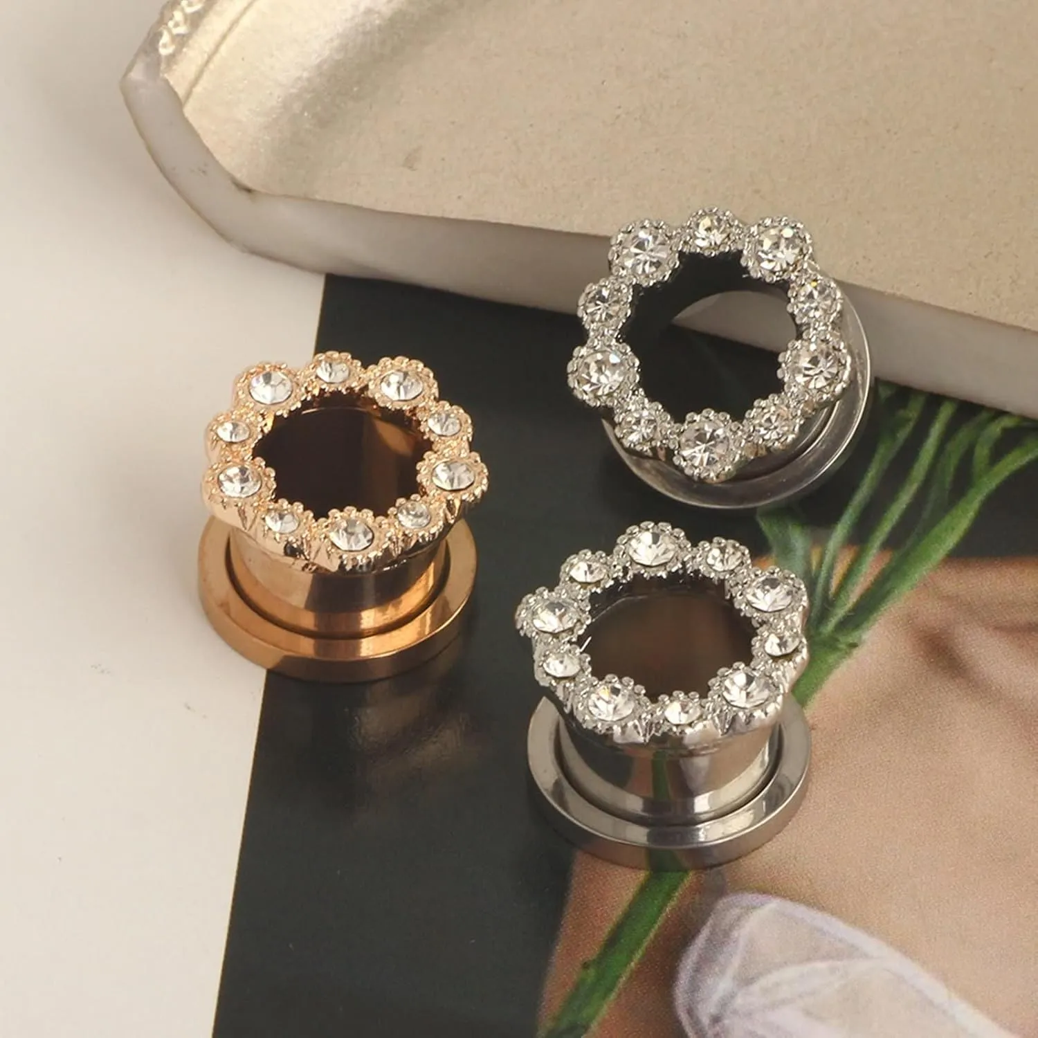 Epinki Ear Tunnels, 1 Pair Stainless Steel Women Ear Gauges with White Round Cubic Zirconia Piercing Jewelry