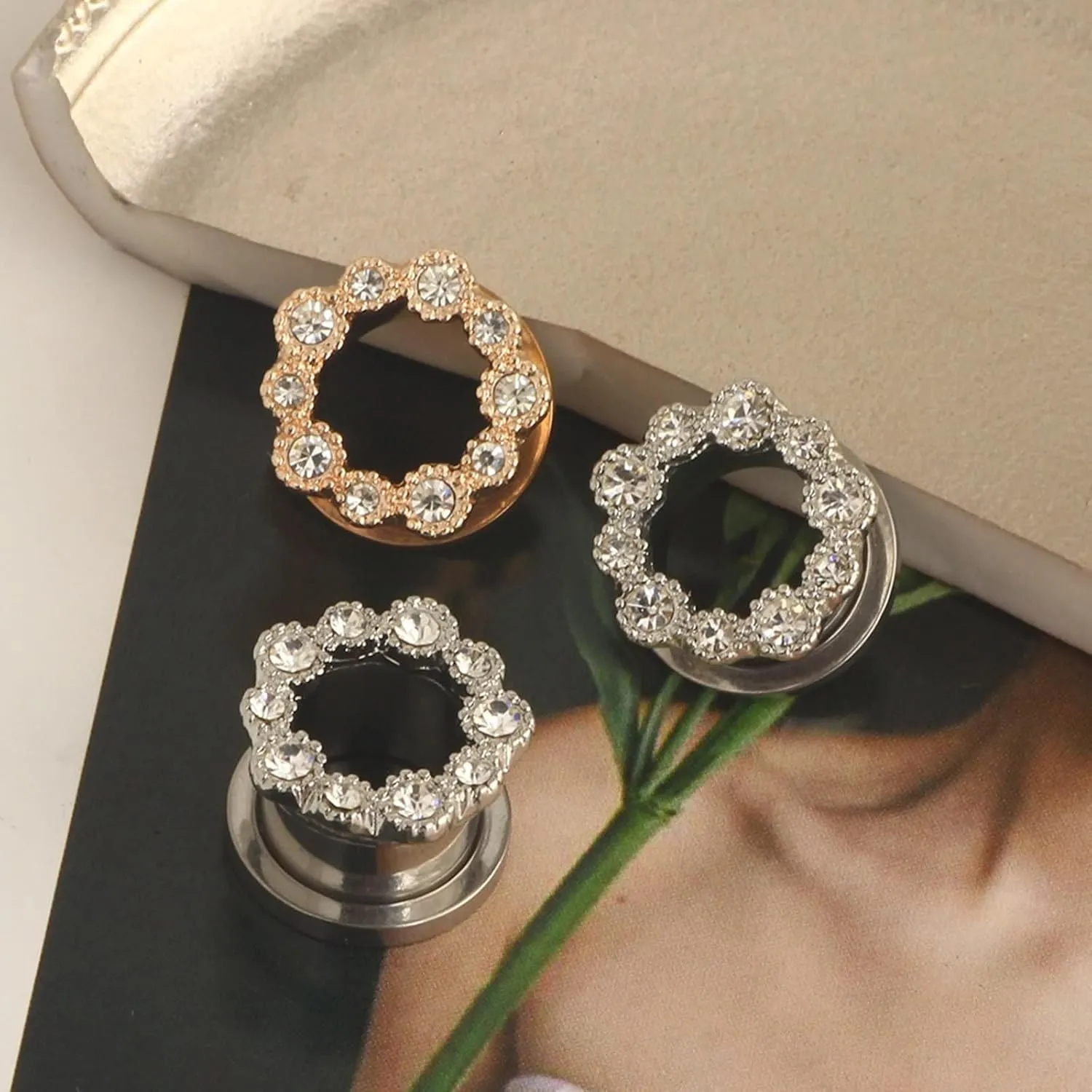 Epinki Ear Tunnels, 1 Pair Stainless Steel Women Ear Gauges with White Round Cubic Zirconia Piercing Jewelry
