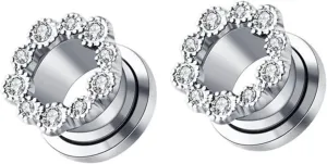 Epinki Ear Tunnels, 1 Pair Stainless Steel Women Ear Gauges with White Round Cubic Zirconia Piercing Jewelry