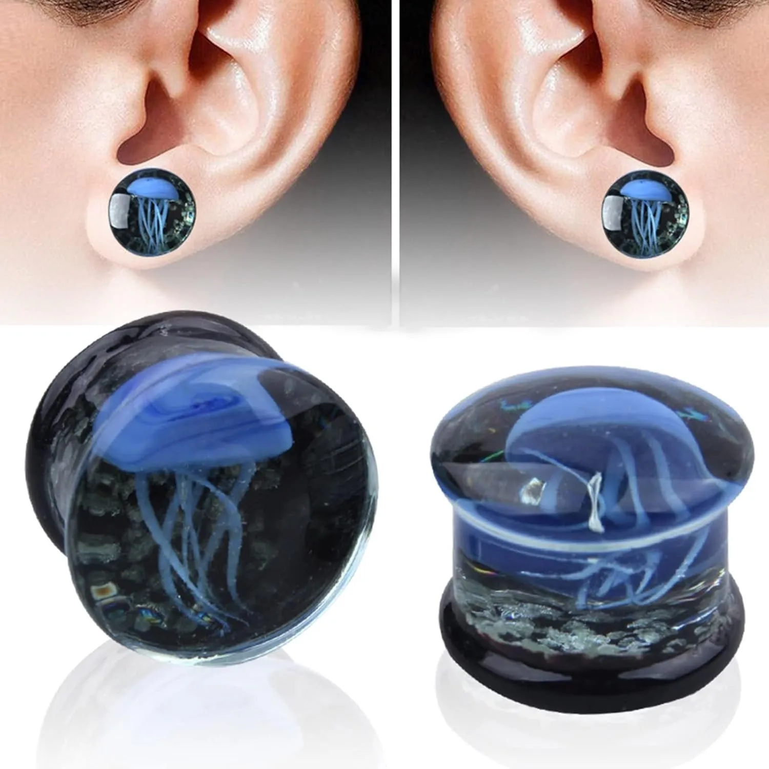 Epinki Ear Tunnels, 2PCS Glass Women and Men Ear Gauges Blue Sea Creature Glow In Dark Piercing Jewelry