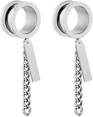 Epinki Men Ear Tunnels, 2PCS Stainless Steel Women Ear Gauges Round with Chain and Rectangle Pendant Piercing Jewelry