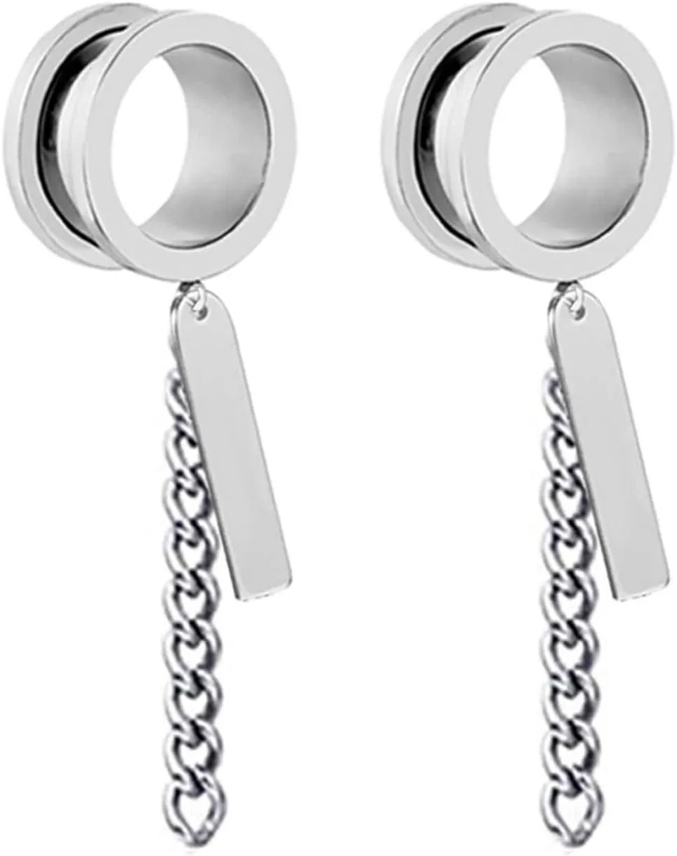 Epinki Men Ear Tunnels, 2PCS Stainless Steel Women Ear Gauges Round with Chain and Rectangle Pendant Piercing Jewelry
