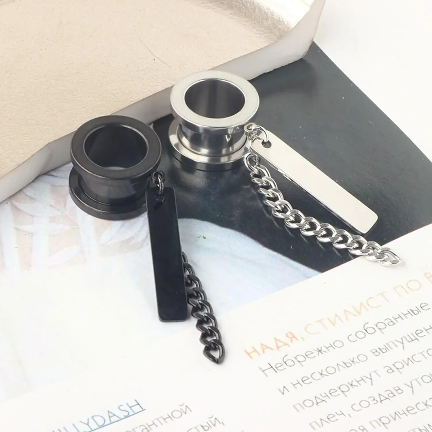 Epinki Men Ear Tunnels, 2PCS Stainless Steel Women Ear Gauges Round with Chain and Rectangle Pendant Piercing Jewelry