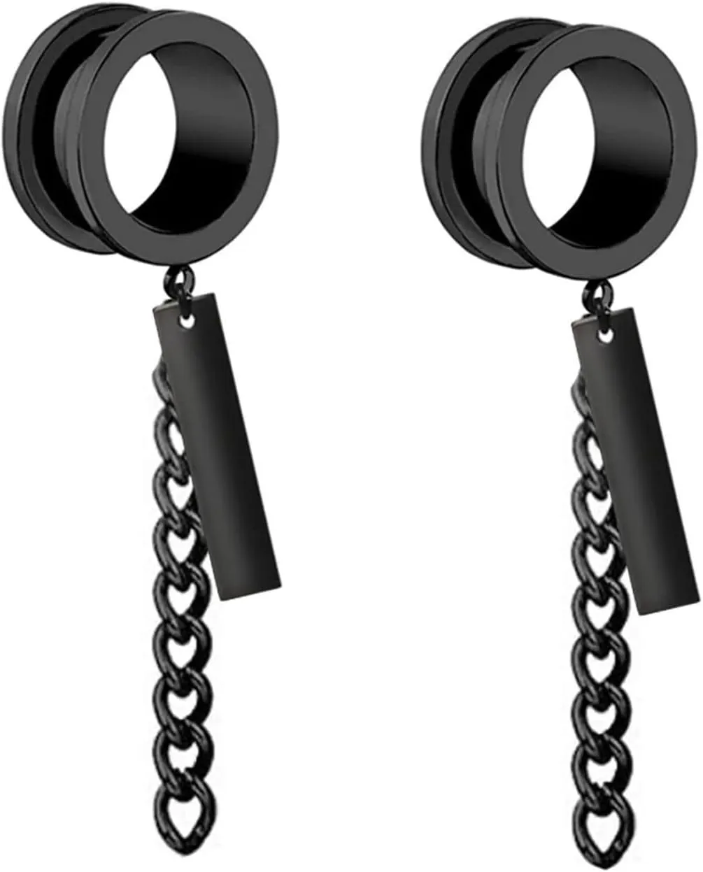 Epinki Men Ear Tunnels, 2PCS Stainless Steel Women Ear Gauges Round with Chain and Rectangle Pendant Piercing Jewelry