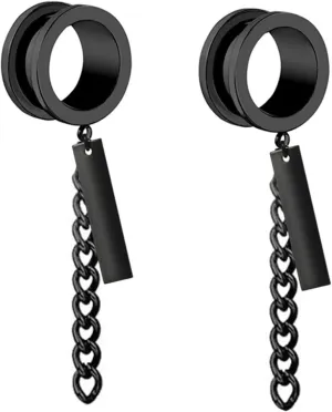 Epinki Men Ear Tunnels, 2PCS Stainless Steel Women Ear Gauges Round with Chain and Rectangle Pendant Piercing Jewelry
