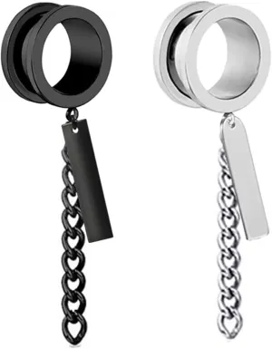 Epinki Stainless Steel Tunnels for Ears, 1 Pair Women and Men Ear Gauges Round with Chain and Rectangle Pendant