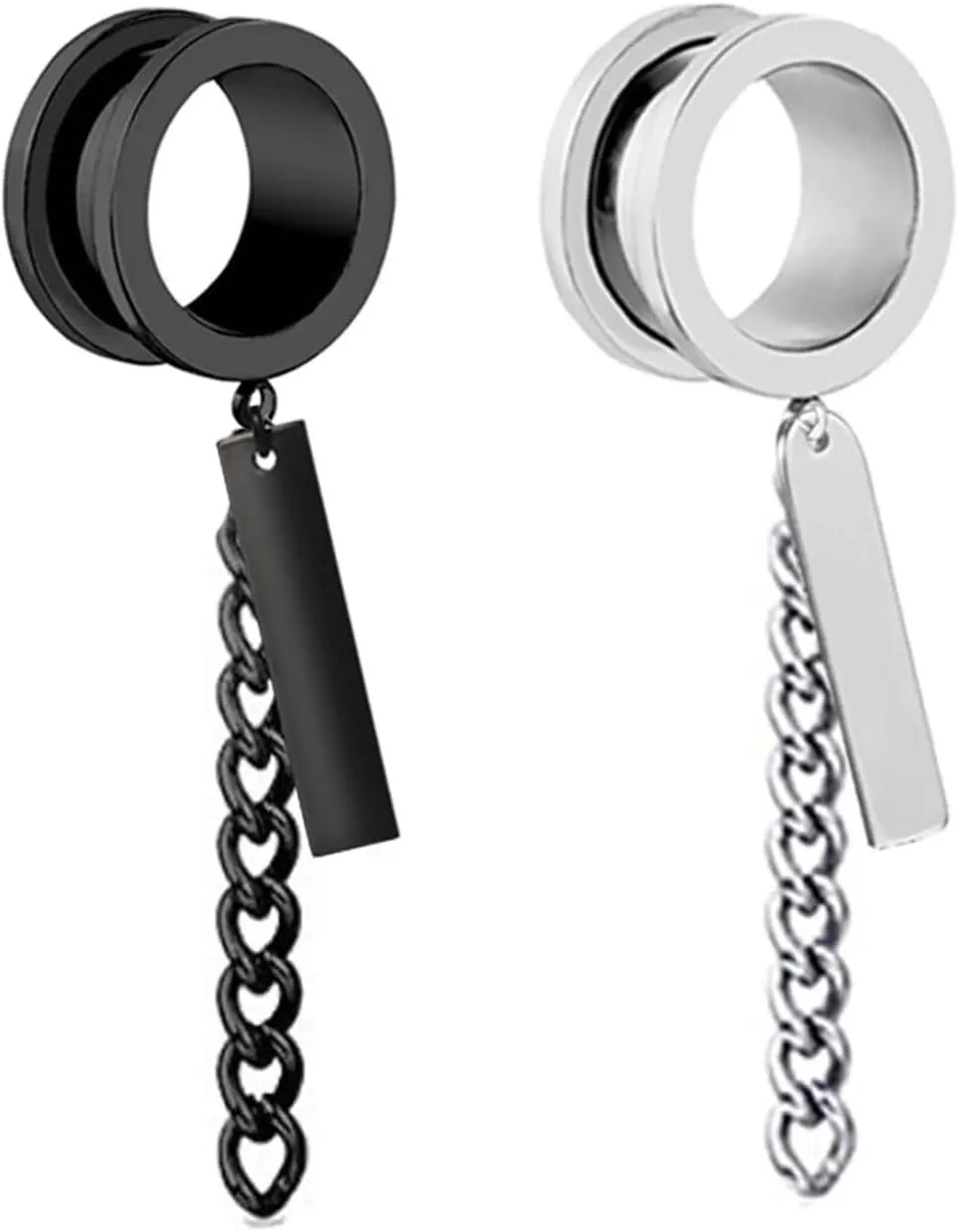 Epinki Stainless Steel Tunnels for Ears, 1 Pair Women and Men Ear Gauges Round with Chain and Rectangle Pendant