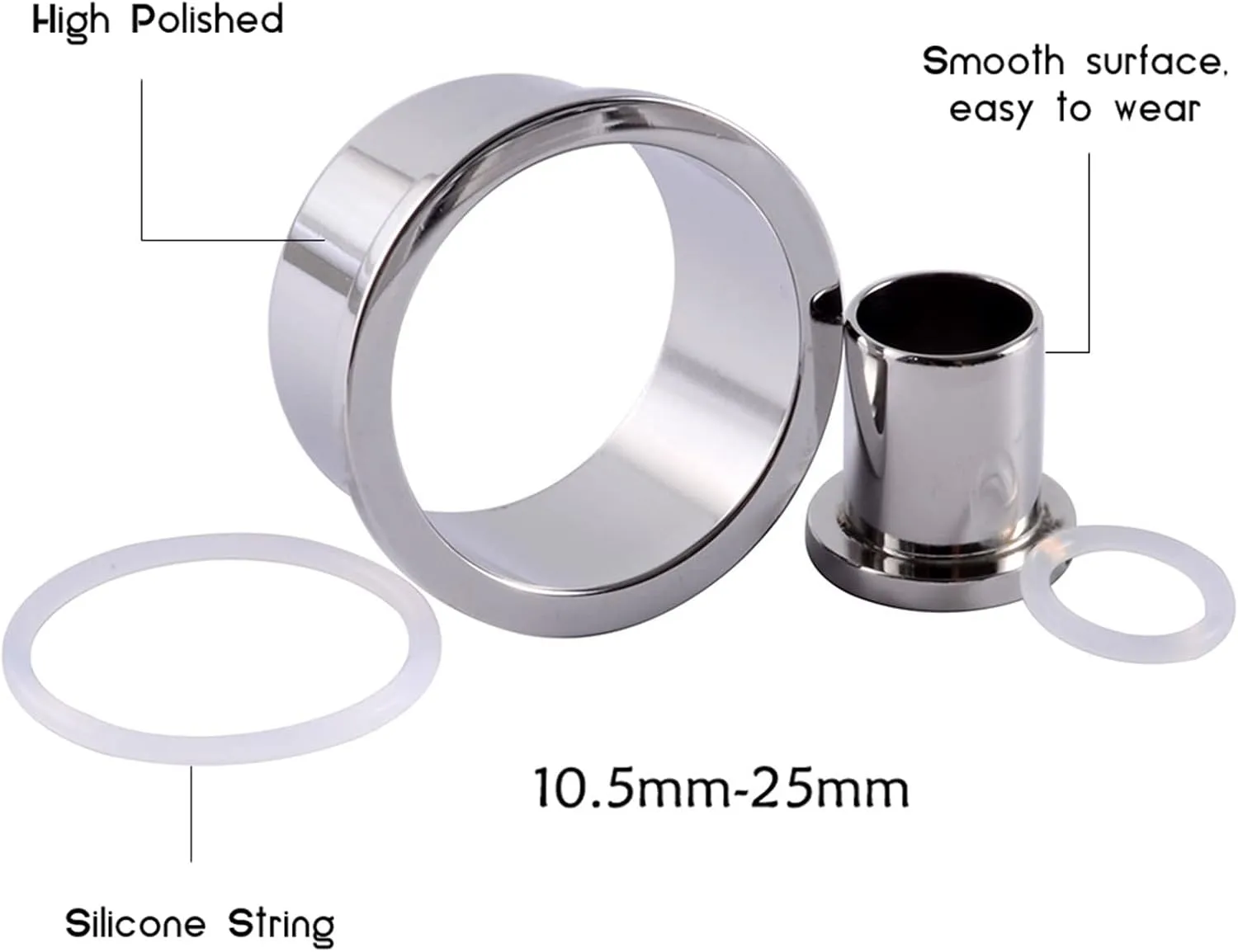 Epinki Stainless Steel Tunnels for Ears, 2PCS Men Women Ear Gauges Silver Hollow Round Cylinder with String