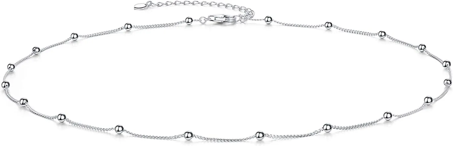 EPIRORA Choker Necklace for Women 925 Sterling Silver Gold Plated Dainty Satellite Bead Chain Pendant Minimalist Jewelry, 16'' 2"