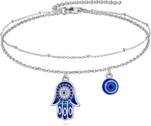 Evil Eye Anklet Sterling Silver Hamsa Fatima Double Layered Blue Eye Charm Adjustable Protection Amulet Anklet Religious Christian Jewelry Gifts for Women