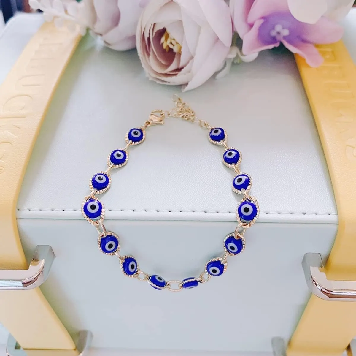 Evil Eye Bracelet for Women Blue Eye Anklet Link Chain Bracelets 14K Gold Adjustable Charm Jewelry Gift for Women