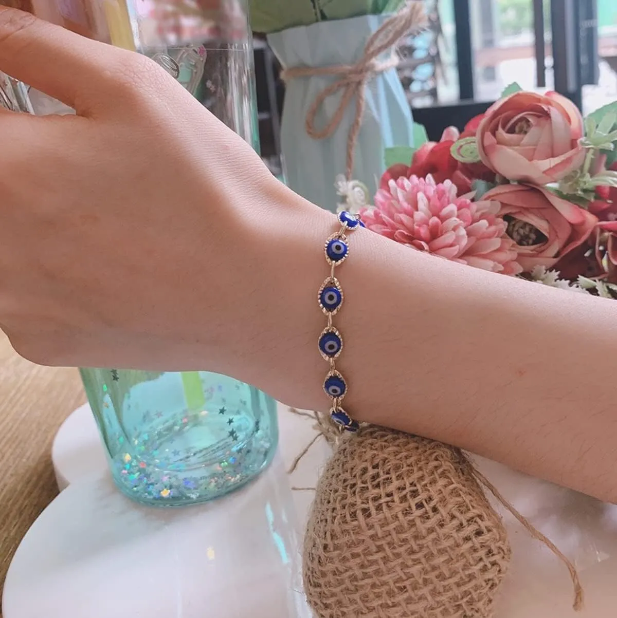 Evil Eye Bracelet for Women Blue Eye Anklet Link Chain Bracelets 14K Gold Adjustable Charm Jewelry Gift for Women