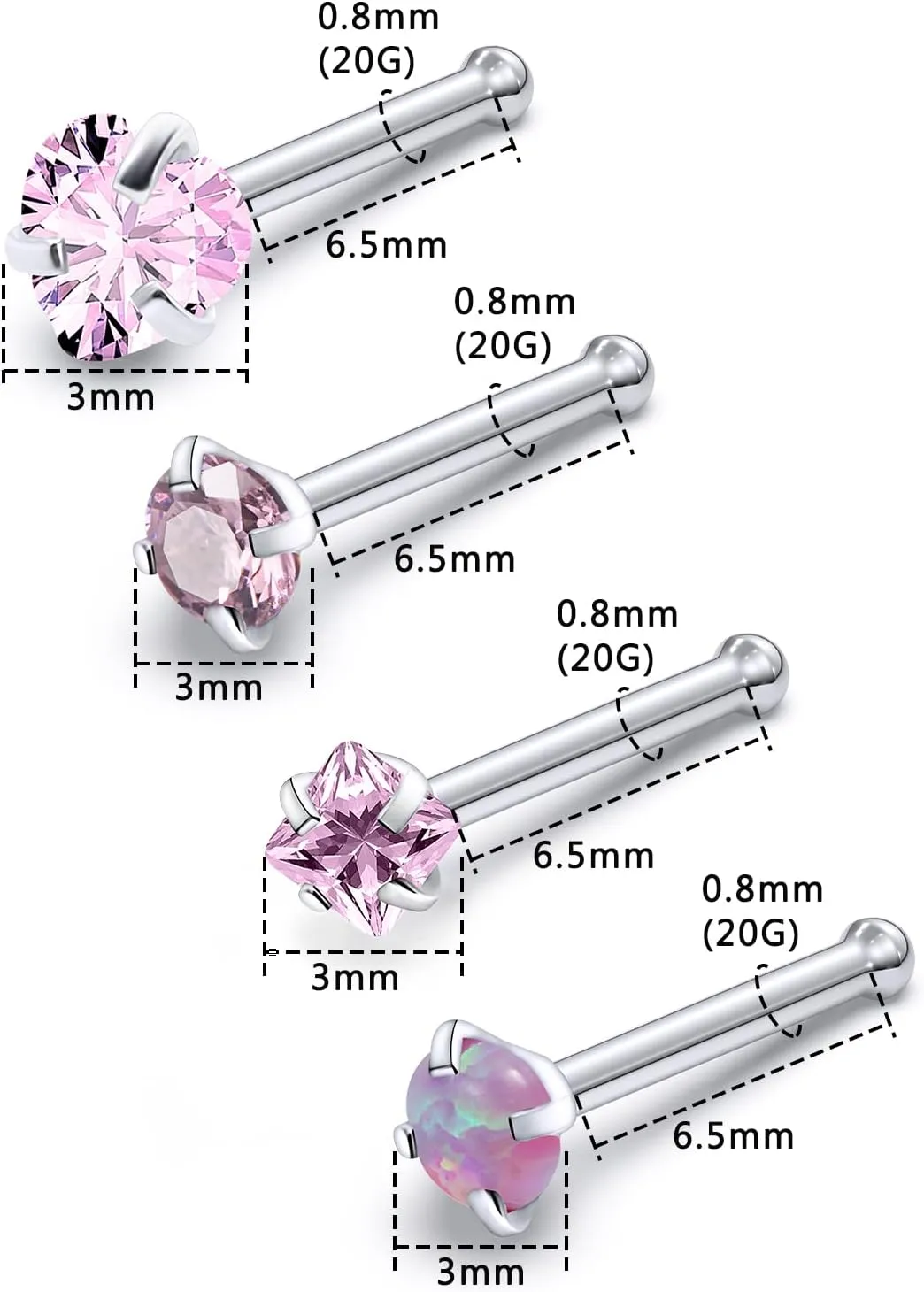 F136 Titanium Nose Rings Studs 20G Straight Nose Stud L Shaped Nose Studs Nose Screw Studs Diamond Nose Stud Heart Nose Stud Corkscrew Nose Studs Opal Nose Stud Square Diamond Nose Stud