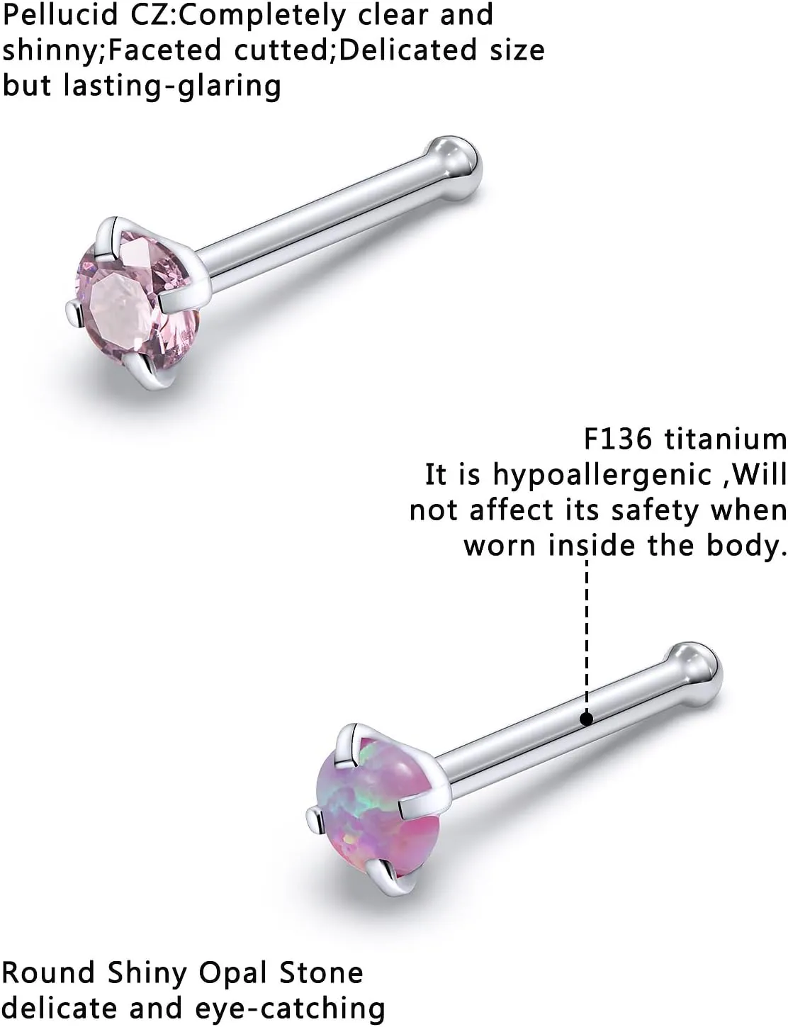 F136 Titanium Nose Rings Studs 20G Straight Nose Stud L Shaped Nose Studs Nose Screw Studs Diamond Nose Stud Heart Nose Stud Corkscrew Nose Studs Opal Nose Stud Square Diamond Nose Stud