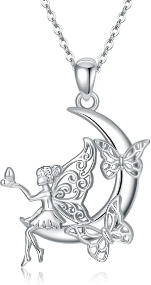 Fairy Necklace Gifts for Women 925 Sterling Silver Crescent Moon Pendant Fairy Butterfly Necklaces Angel Elf Jewelry Mothers Day Gifts for Mom Daughter