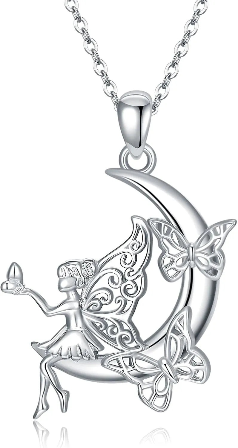 Fairy Necklace Gifts for Women 925 Sterling Silver Crescent Moon Pendant Fairy Butterfly Necklaces Angel Elf Jewelry Mothers Day Gifts for Mom Daughter
