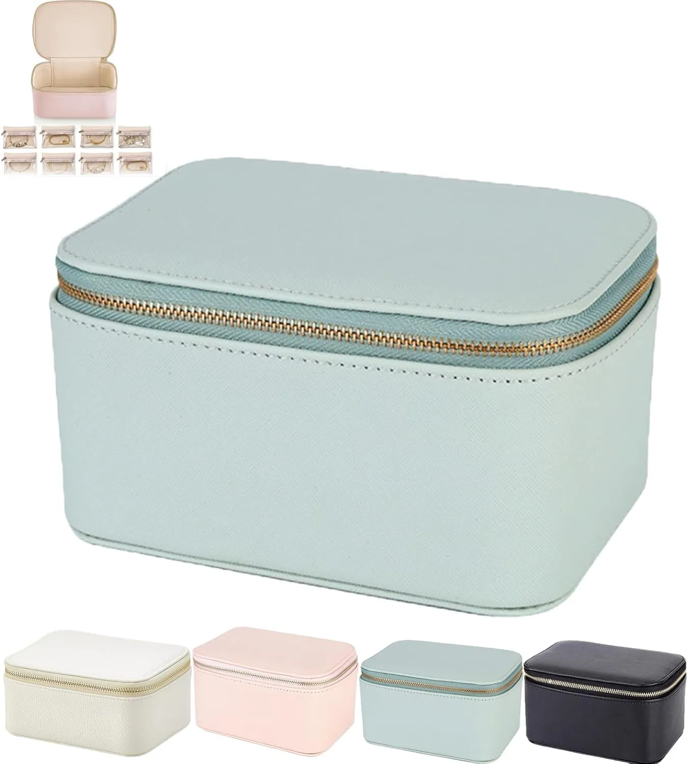 Familiarn Jewelry Case,Travel Jewelry Box with Small Pouches,Portable PU Leather with 6/8/12 Small Pouches,for Women Girl Necklace Rings Earrings Bags Mothers Day Gifts (8PCS Pouches-Blue)
