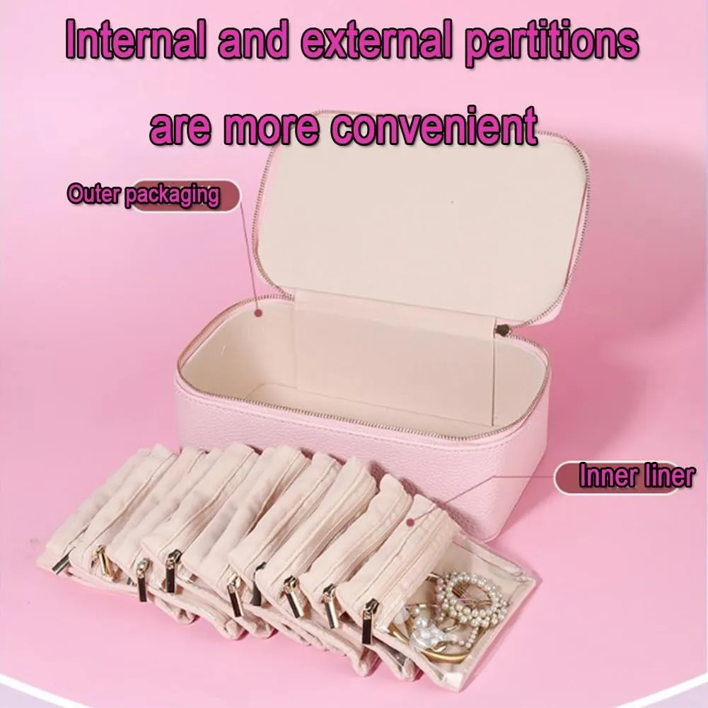 Familiarn Travel Jewelry Box with Small Pouches, Portable PU Leather Jewelry Organizer Box with 12 Small Pouches, For Girls Womens Earring, Necklace, Rings, Bracelets, Waterproof Design (Beige)