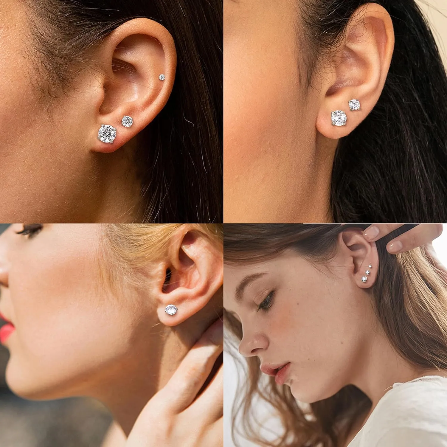 Fansilver 6 Pairs Hypoallergenic Stud Earrings for Women Men Threadless Flat Back Stud Earrings Set for Multiple Piercing Surgical Stainless Steel Cubic Zirconia Earrings Studs CZ 2-8 mm