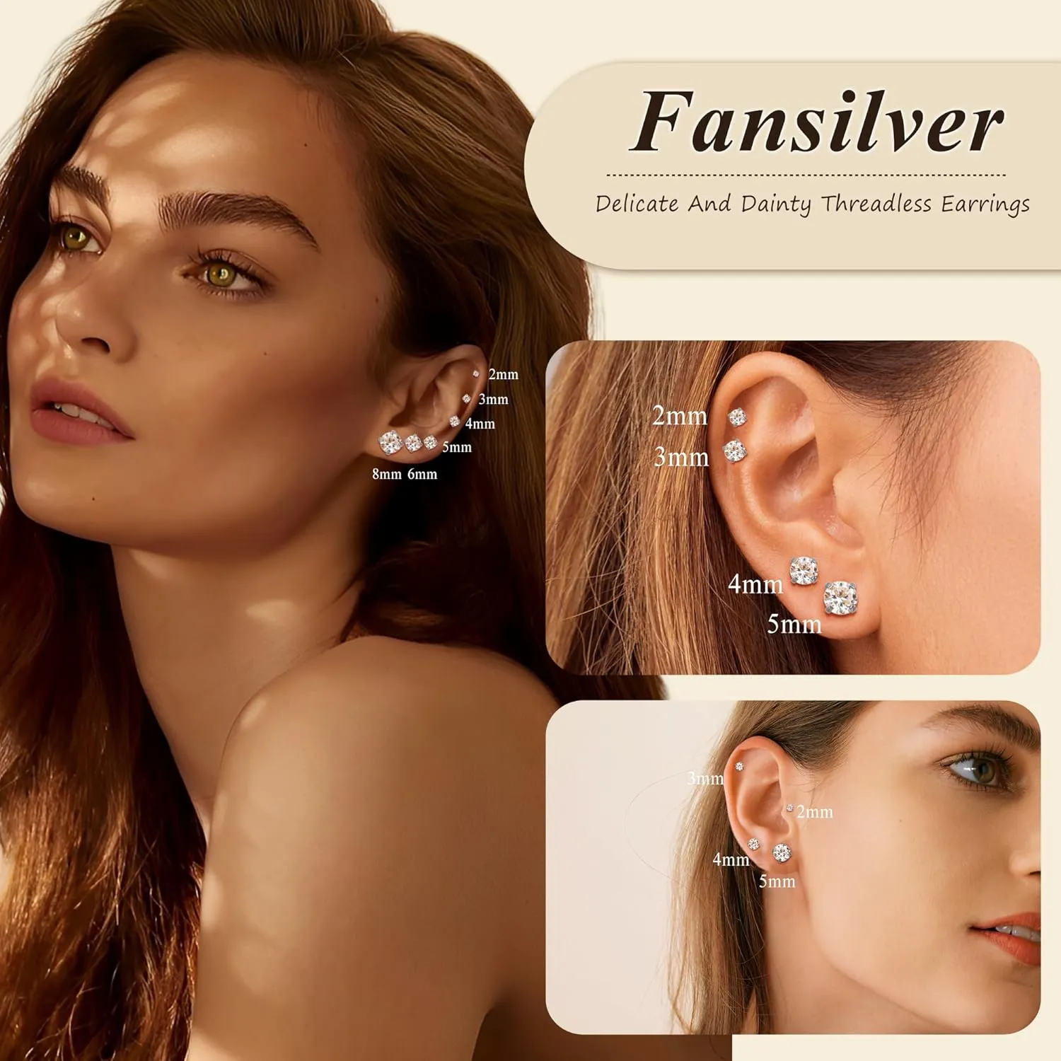 Fansilver 6 Pairs Hypoallergenic Stud Earrings for Women Men Threadless Flat Back Stud Earrings Set for Multiple Piercing Surgical Stainless Steel Cubic Zirconia Earrings Studs CZ 2-8 mm