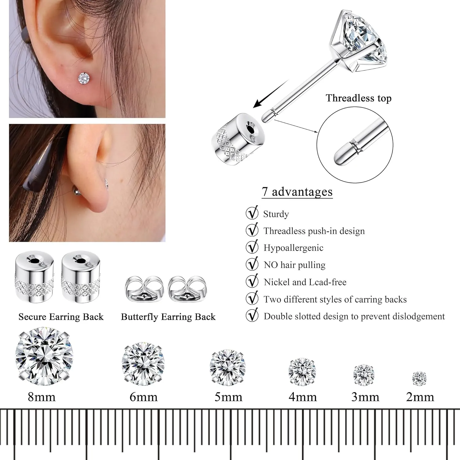 Fansilver 6 Pairs Hypoallergenic Stud Earrings for Women Men Threadless Flat Back Stud Earrings Set for Multiple Piercing Surgical Stainless Steel Cubic Zirconia Earrings Studs CZ 2-8 mm