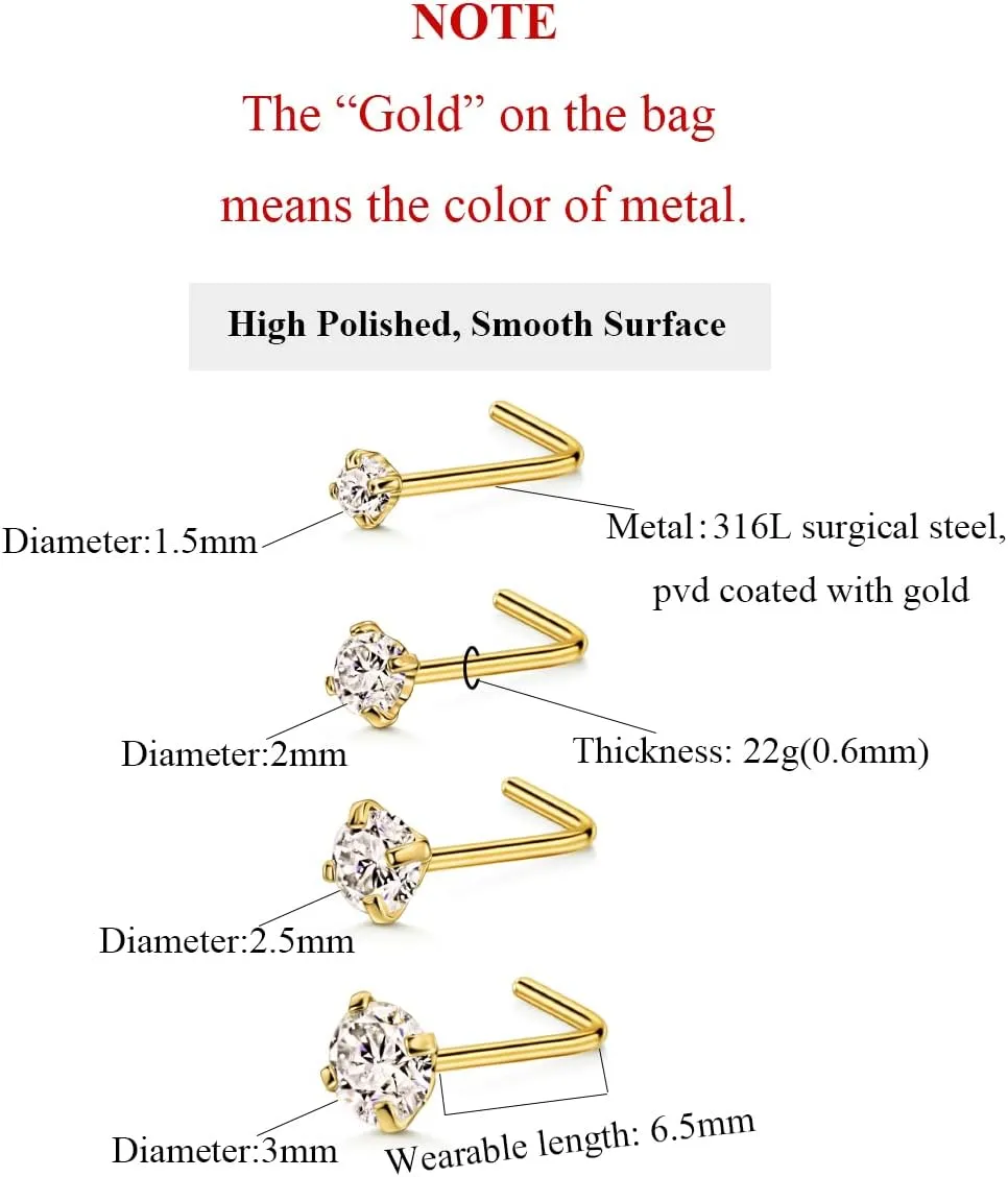 FANSING 4 Pieces Different Sizes 316L Surgical Steel Nose Studs L Shaped