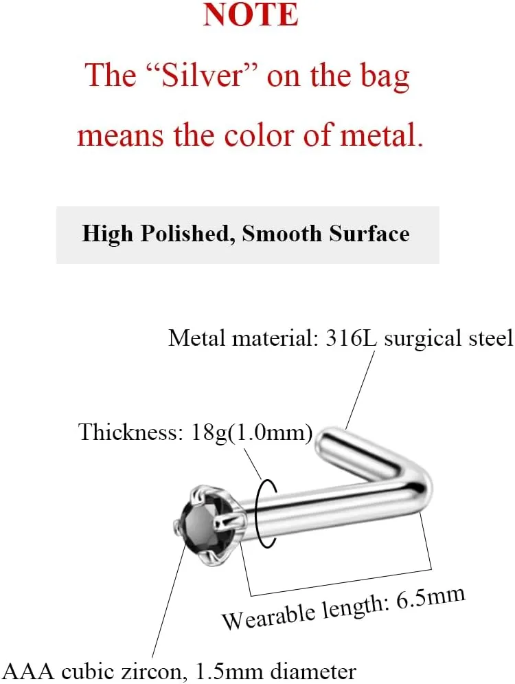 FANSING Nose Studs for Women Men L Shaped Nose Rings Surgical Steel Nostril Piercing Jewelry with Cubic Zirconia End