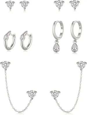 FANZE 5PCS Cubic Zirconia Stud Earrings Gold Sliver Chain Hoop Earring Sets for Women Hypoallergenic Dainty Jewelry for Multiple Piercing