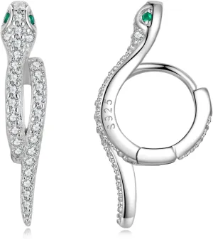 Fashion CZ Snake Hoop Earrings 925 Sterling Silver Sparkling Crystal Green Eyes Small Huggie Hoops Cartilage Earrings Statement Punk Ear Jewelry Gifts for Women Girls Hypoallergenic