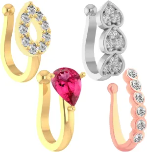 FASHIONS Gold Silver Rose Gold Non Piercing Clip On Nose Pins Without Hole Pressing Type Nose Ring Studs for Women