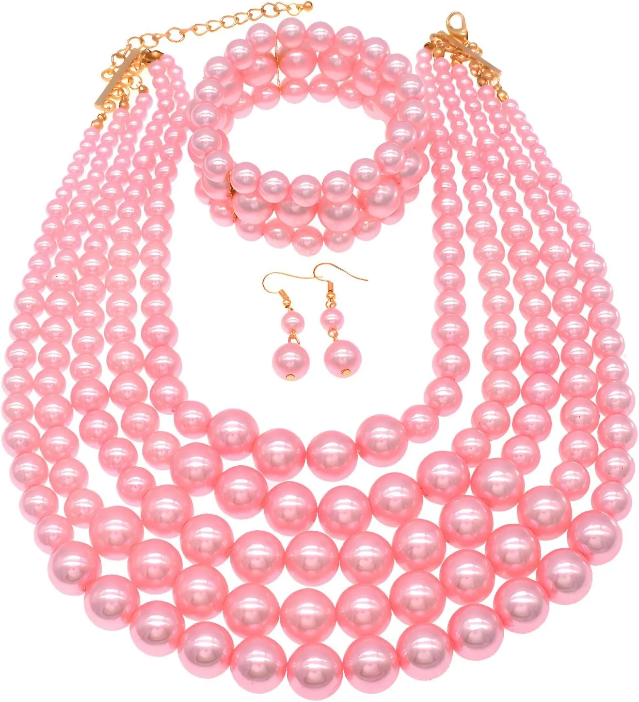 Faux Big Pearl Strand Necklaces for Women - 5 Layers Bib Collar Necklace, Bracelet and Earrings Set - 1920s Costume Jewelry for Bridal Wedding Gift (Pink)