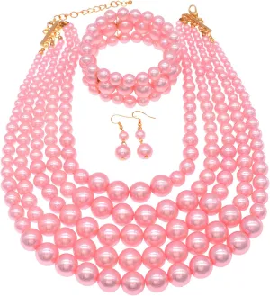 Faux Big Pearl Strand Necklaces for Women - 5 Layers Bib Collar Necklace, Bracelet and Earrings Set - 1920s Costume Jewelry for Bridal Wedding Gift (Pink)