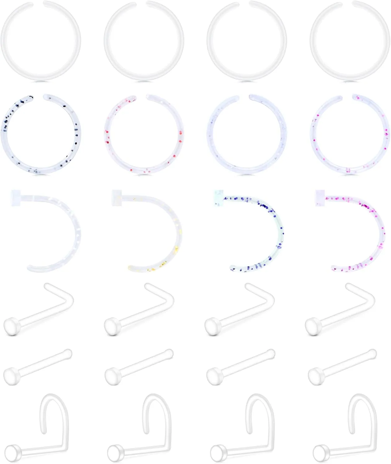 FECTAS 20-38PCS Clear Piercing Jewelry Bioflex Plastic Earrings Nose Rings Studs Septum Belly Cartilage Helix Industrial Nipple Tongue Lip Labret Eyebrow Piercing Retainers for Surgery Work Sports