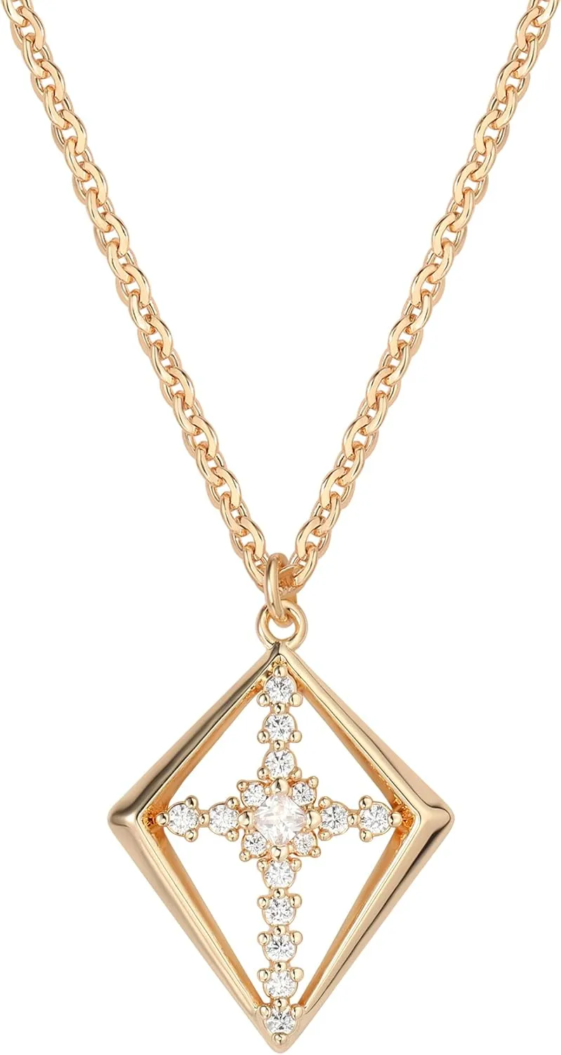 Fettero Trendy Pendant Necklace for Women Dainty Necklace 14k Gold Plated Rhombus CZ Cross Pendant Gold Necklace Minimalist Choker Faith Necklace Jewelry