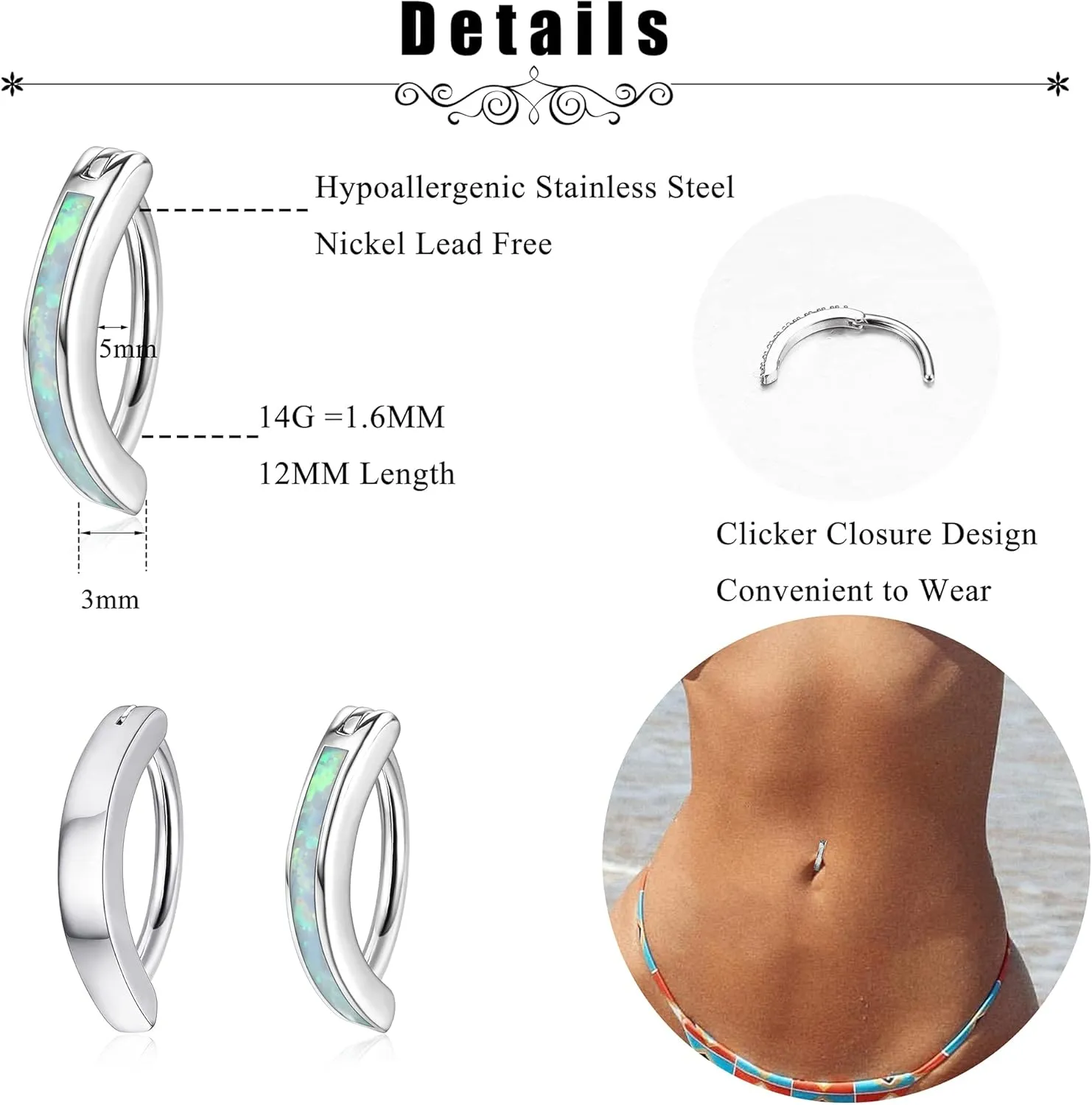 FIASASO 2Pcs 14G Clicker Belly Button Ring for Women Surgical Steel CZ Opal Belly Ring Simple Reverse Navel Rings Body Jewelry