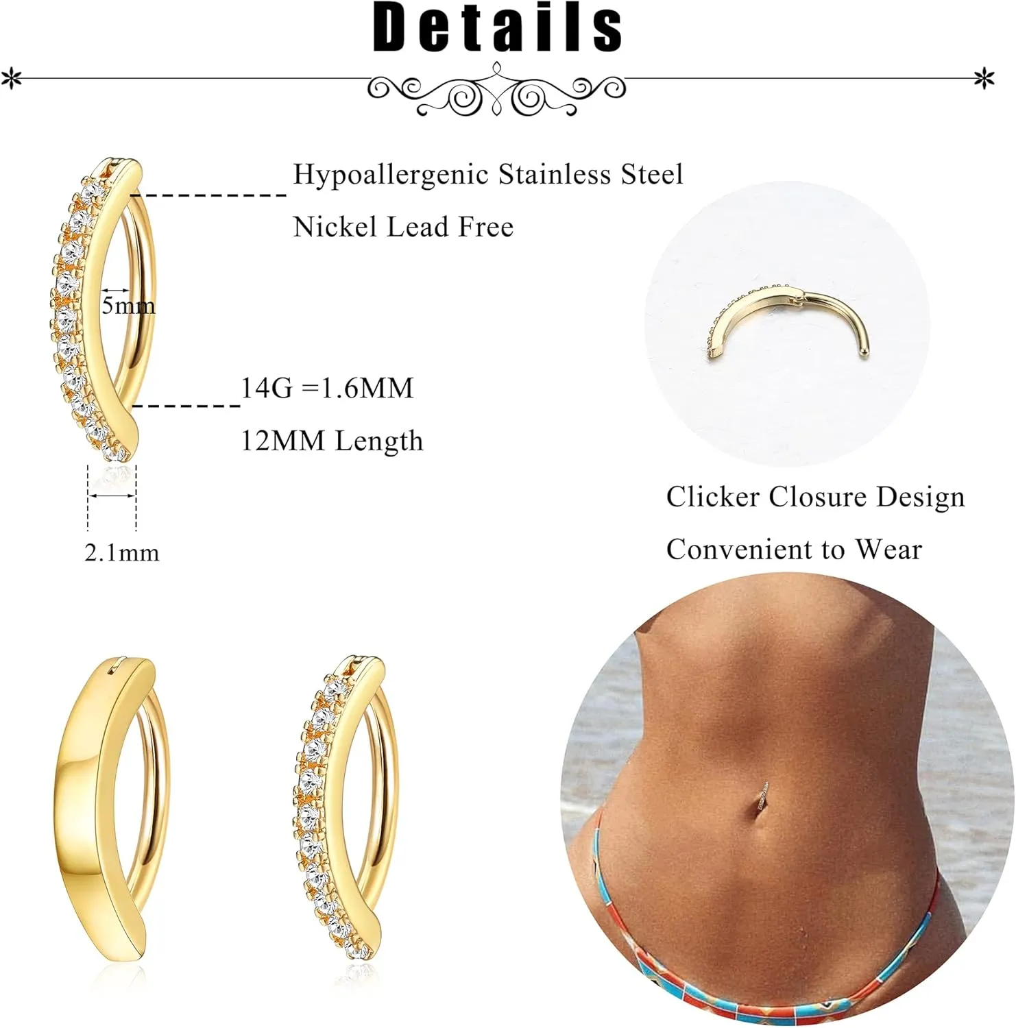 FIASASO 2Pcs 14G Clicker Belly Button Ring for Women Surgical Steel CZ Opal Belly Ring Simple Reverse Navel Rings Body Jewelry