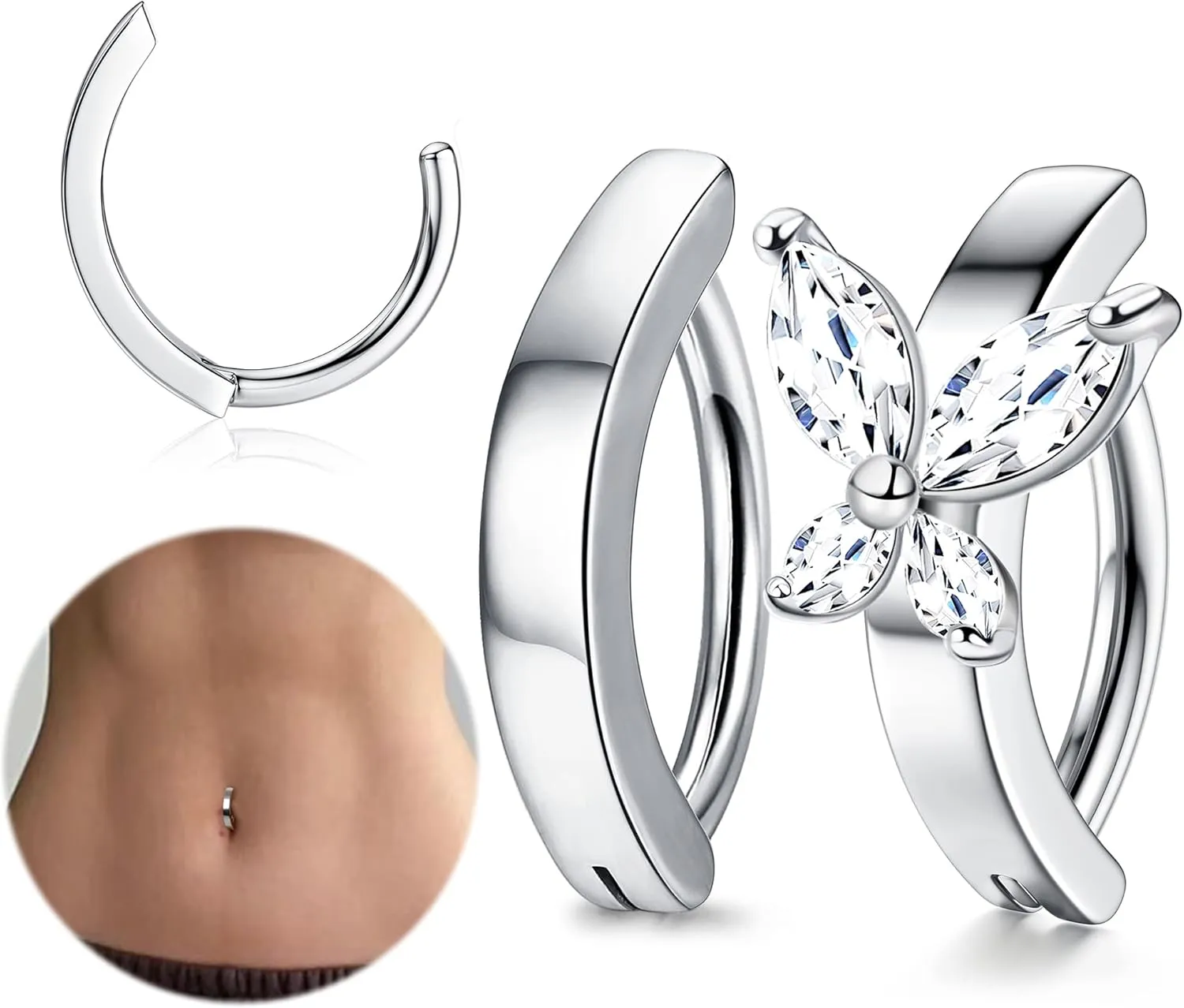 FIASASO 2Pcs 14G Dangle Clicker Belly Button Ring for Women Surgical Steel CZ Opal Belly Ring Simple Reverse Navel Rings Body Jewelry