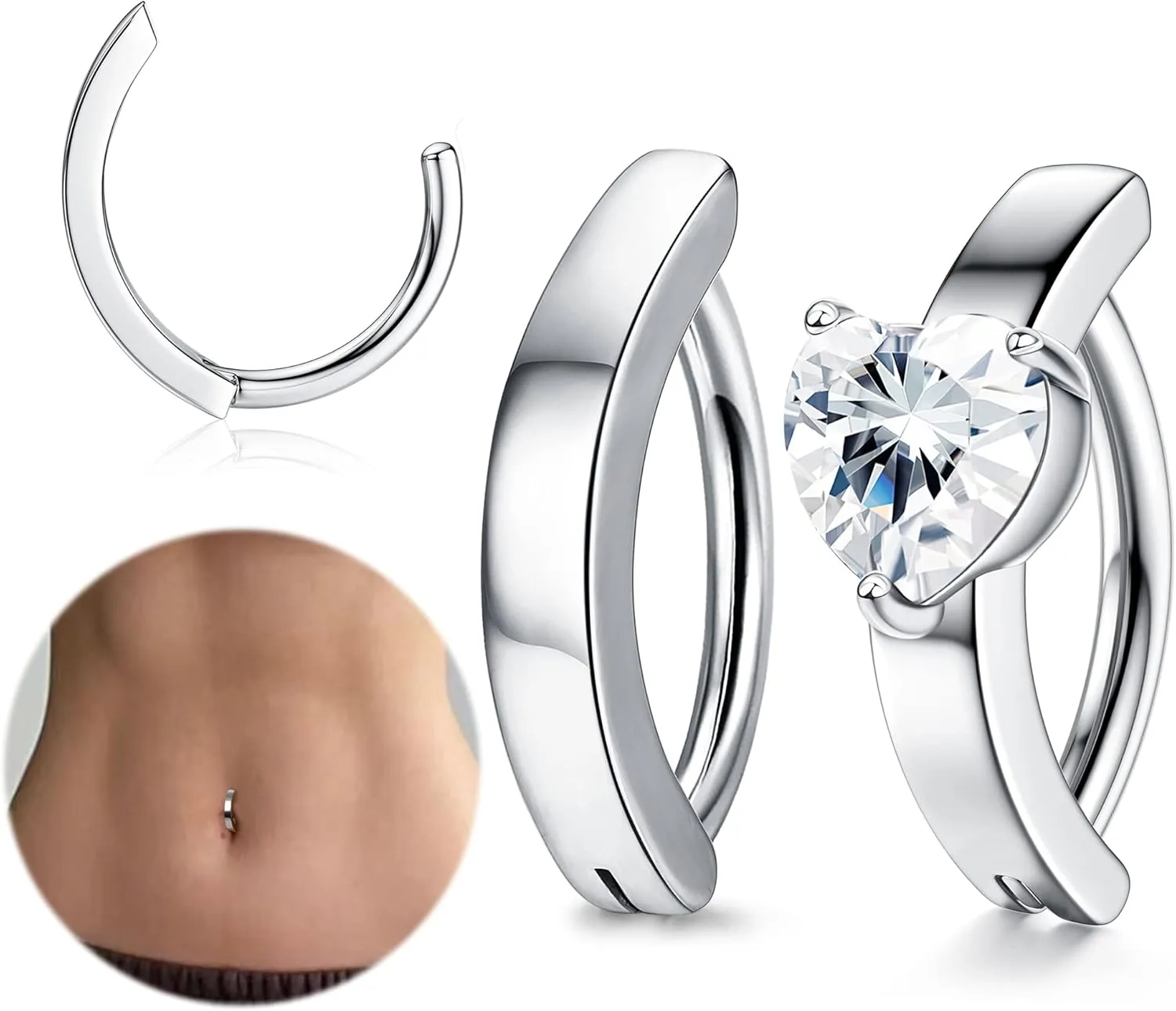 FIASASO 2Pcs 14G Dangle Clicker Belly Button Ring for Women Surgical Steel CZ Opal Belly Ring Simple Reverse Navel Rings Body Jewelry