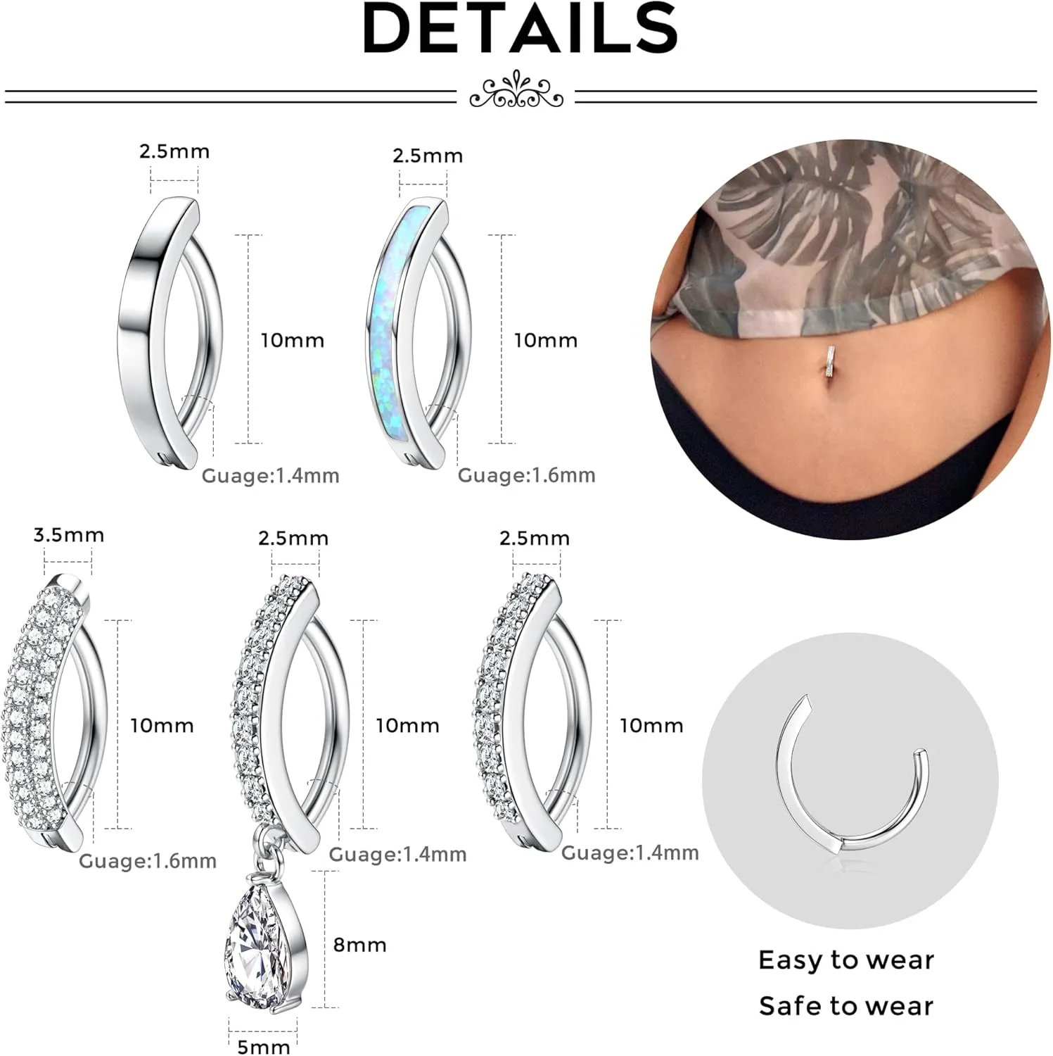 Fiasaso 5Pcs Belly Button Ring for Women 14G Short Opal Navel Rings Silver Gold Clicker Piercing Pack Simple Dangle Cute CZ Small Hypoallergenic Reverse Piercings Jewelry