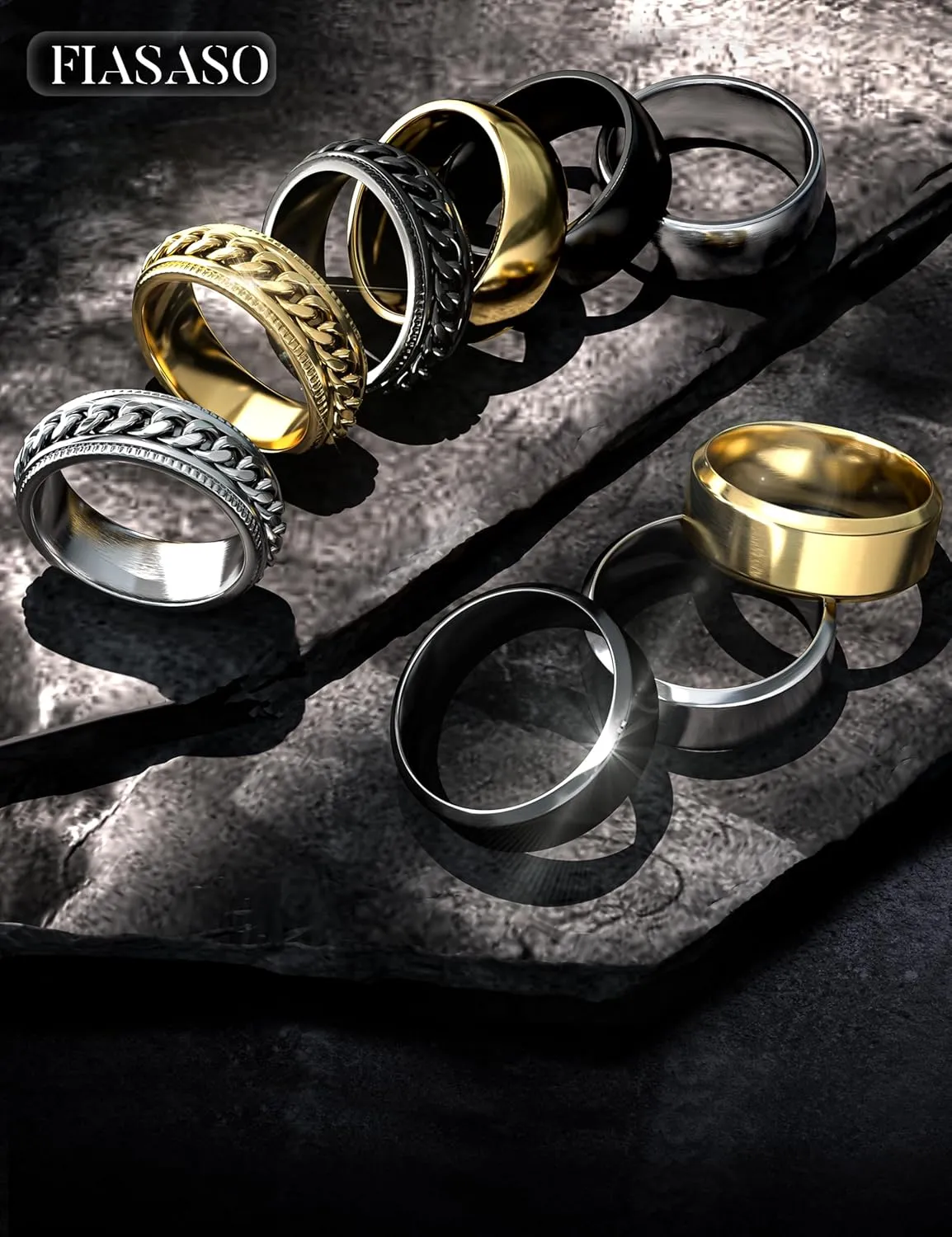 FIASASO 9Pcs Wedding Band Set - Stainless Steel Rings for Men, 8MM Width, Silver, Black, Gold, Size 6-14