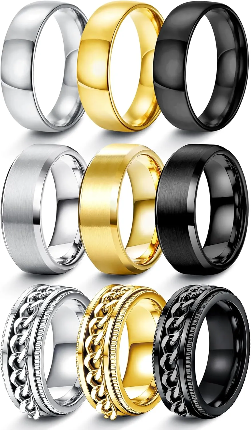 FIASASO 9Pcs Wedding Band Set - Stainless Steel Rings for Men, 8MM Width, Silver, Black, Gold, Size 6-14