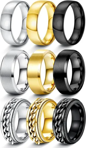 FIASASO 9Pcs Wedding Band Set - Stainless Steel Rings for Men, 8MM Width, Silver, Black, Gold, Size 6-14
